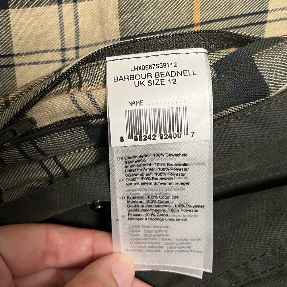 Barbour Beadnell Olive Green Waxed Cotton Utility Jacket w/Dark Corduroy Collar - Picture 9 of 9